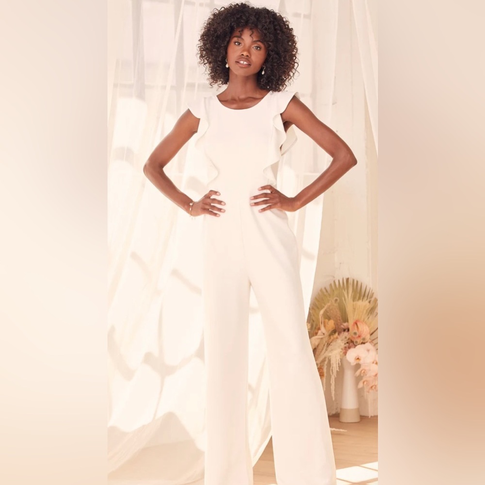 Lulus Feel Your Love White Ruffled Wide-Leg Jumpsuit - Small - White